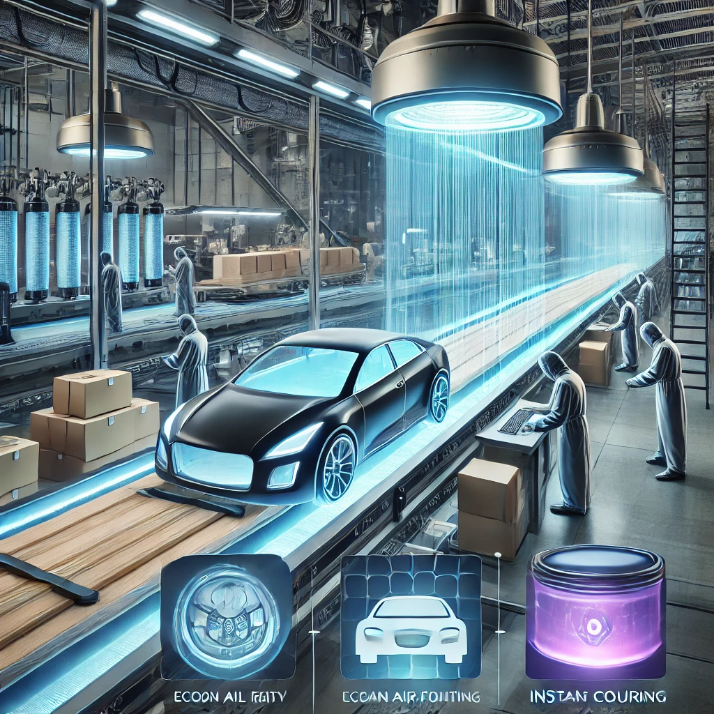 A futuristic industrial production line using ultraviolet lights to instantly cure glossy coatings on wood panels, automotive parts, and packaging materials. Blue and violet UV beams illuminate the workspace as technicians monitor digital control panels.