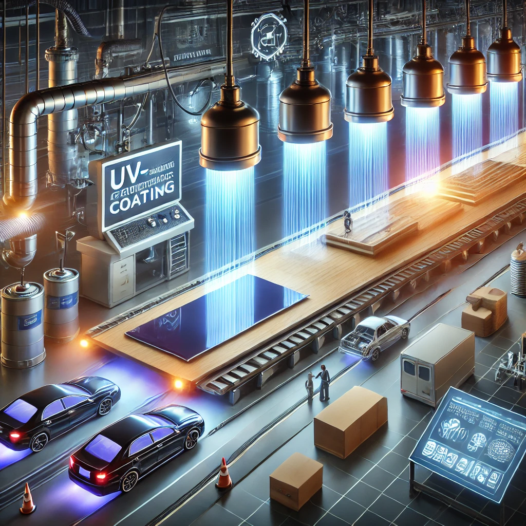 A high-tech manufacturing line with multiple ultraviolet lamps curing glossy coatings on large panels. Cars, packaging boxes, and machinery surround the conveyor system, with a digital control station displaying UV-coating information.