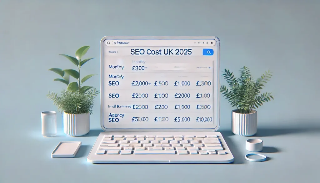 Laptop screen showing SEO cost breakdown in the UK for 2025, including monthly SEO pricing, local SEO rates, and UK agency fees.