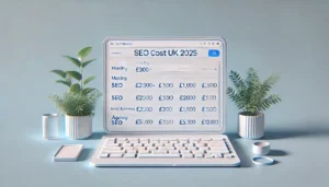Laptop screen showing SEO cost breakdown in the UK for 2025, including monthly SEO pricing, local SEO rates, and UK agency fees.