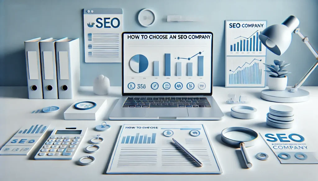 Laptop displaying SEO reports, keyword charts, and ranking tools representing steps to choose the right SEO company.