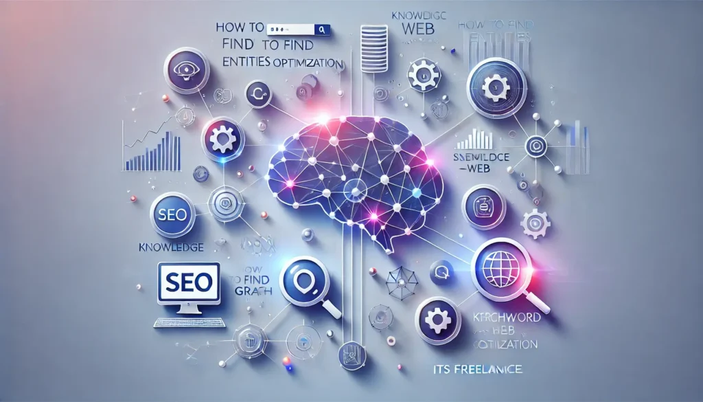 Visual representation of how to find entities for SEO optimization, showing knowledge graph connections, semantic SEO elements, and digital analysis with an itsfreelancer.com watermark.