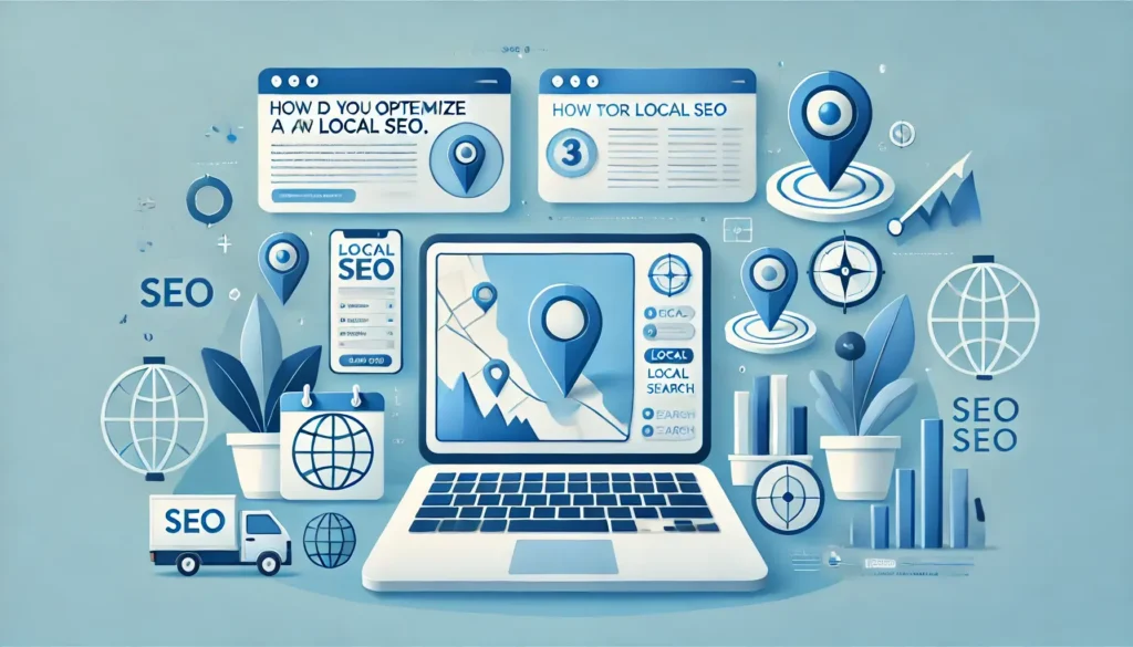 Illustration of a laptop displaying website analytics with location pins and Google Maps icons, symbolizing how to optimize a website for local SEO.
