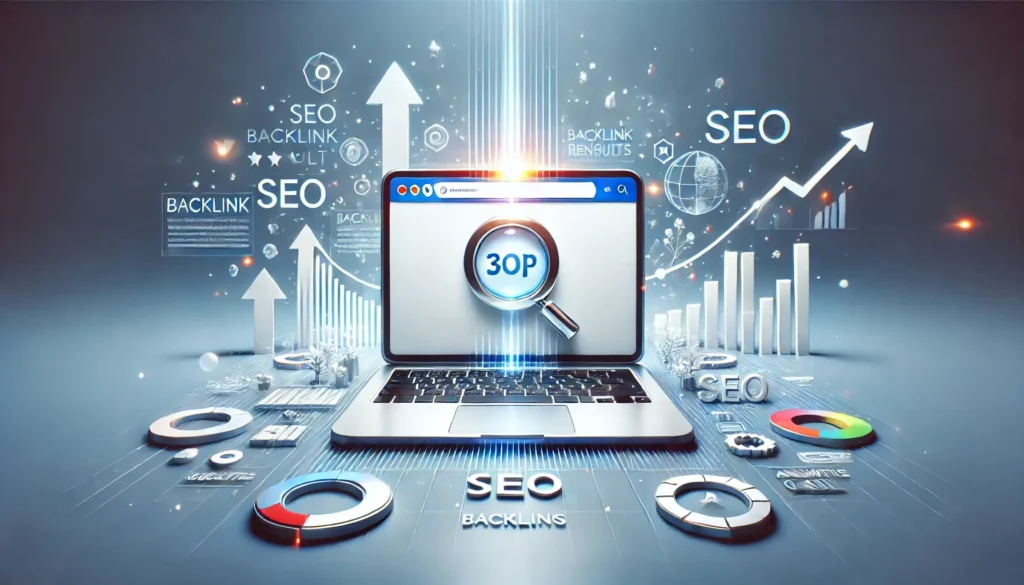 Illustration of a website ranking at the top of Google search results with upward arrows, SEO icons, and analytics charts.