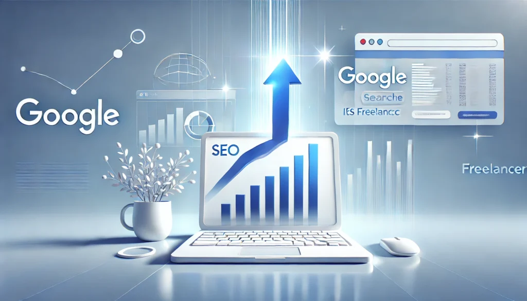 Illustration of a website rising to the top of Google search results with SEO icons, upward arrows, and a laptop showing ranking growth.