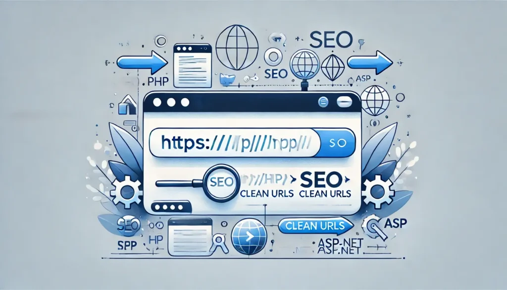 A clean, modern flat-design illustration showing a webpage URL bar transforming into an SEO-friendly URL slug, with blue-and-white vector elements, search engine icons, coding symbols like PHP and ASP.NET, and subtle optimization arrows. Watermark ‘itsfreelancer.com’ in the bottom-right.