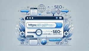 A clean, modern flat-design illustration showing a webpage URL bar transforming into an SEO-friendly URL slug, with blue-and-white vector elements, search engine icons, coding symbols like PHP and ASP.NET, and subtle optimization arrows. Watermark ‘itsfreelancer.com’ in the bottom-right.
