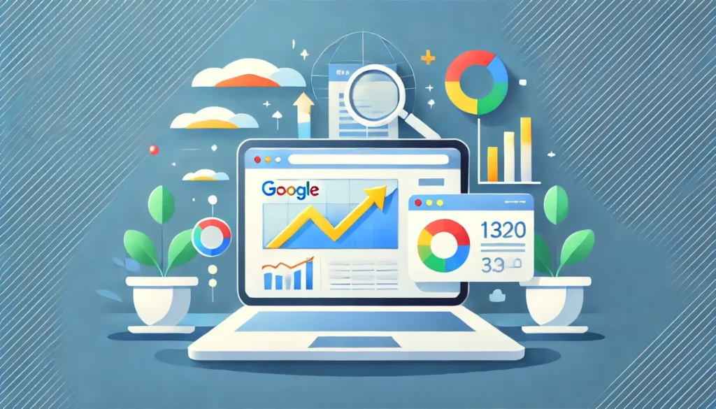 A clean, modern flat-design illustration showing a laptop screen with rising SEO graphs, a Google-style search bar, analytics charts, and upward arrows indicating improved search rankings. Bright colors, soft shadows, and minimalistic elements create a professional SEO and website-growth theme.