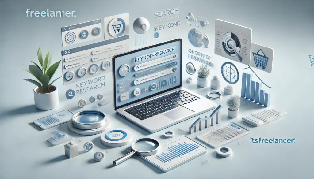 Minimalist digital workspace with a laptop displaying keyword research dashboards, surrounded by floating SEO elements such as search bars, graphs, ecommerce icons, and a magnifying glass, in soft blue and white tones.