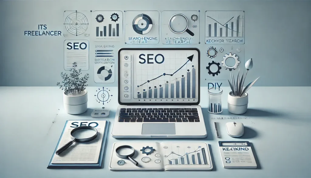 Minimal professional workspace with a laptop displaying SEO analytics dashboards, surrounded by clean blue-white elements like a magnifying glass, gears, checklist, pencils, and soft desk items.