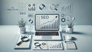 Minimal professional workspace with a laptop displaying SEO analytics dashboards, surrounded by clean blue-white elements like a magnifying glass, gears, checklist, pencils, and soft desk items.