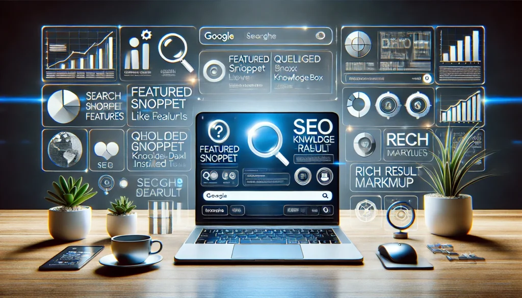 A modern high-tech SEO dashboard displayed on a sleek laptop screen showing featured snippets, People Also Ask-style boxes, knowledge panel elements, video carousel visuals, and rich search result indicators, surrounded by minimalist search icons, structured data symbols, and analytics charts in a clean blue-and-white palette with a subtle watermark 'itsfreelancer.com'.