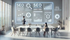 A modern digital marketing meeting room where a marketer presents SEO graphs and analytics dashboards to a business owner, visually demonstrating strategies related to How to Sell SEO Services.