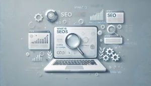 A clean, minimalist digital illustration showing a laptop displaying analytics dashboards, SERP-style charts, SEO icons, and floating tags related to search optimization, visually representing the concept of “What Is SEOS.