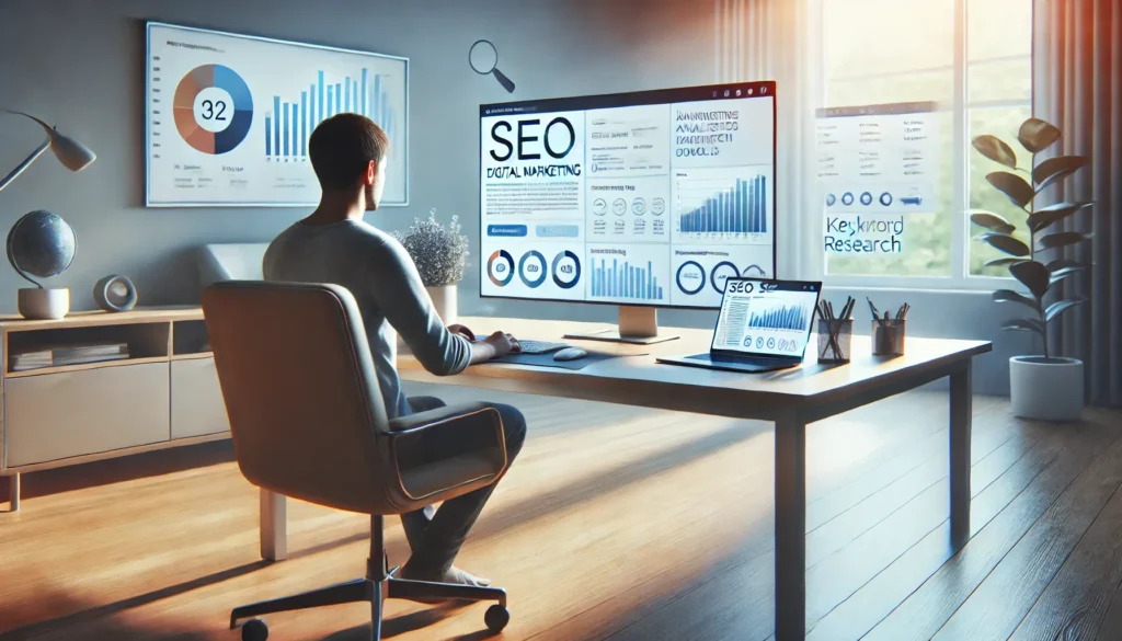 A professional digital marketing workspace with a person working at a laptop displaying SEO analytics and graphs, visually representing What Is the Role of SEO in Digital Marketing.