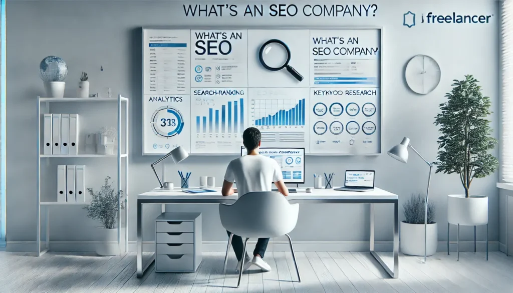 A clean, modern digital-marketing workspace featuring a person working at a minimalist white desk with laptops displaying SEO analytics, charts, and graphs, visually representing the concept What’s an SEO Company. Soft lighting, blue-and-grey tones, and a subtle watermark “itsfreelancer.com” complete the scene.