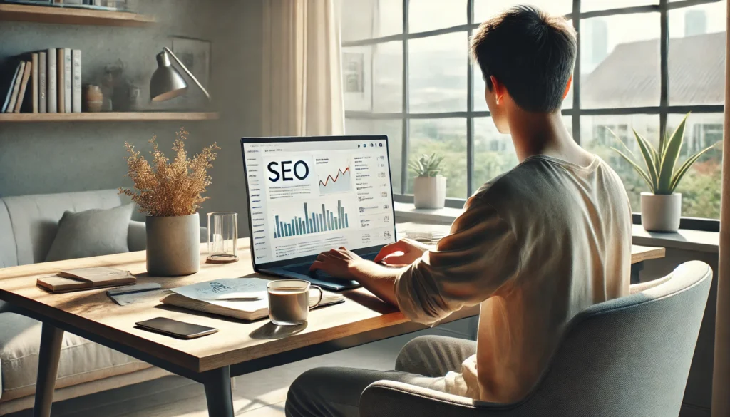Professional marketer using a laptop at a clean workspace, analyzing website performance with must-have essential SEO tools for success