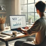 Professional marketer using a laptop at a clean workspace, analyzing website performance with must-have essential SEO tools for success