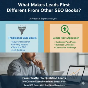 A comparison infographic titled "What Makes Leads First Different From Other SEO Books?" showing the shift from traditional SEO tactics like keyword research to a leads-focused strategy highlighting customer pain points and business outcomes.