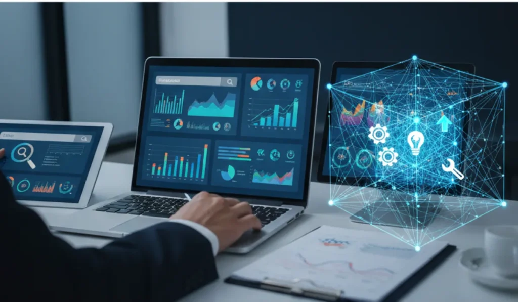 Dashboard showing SEO metrics, charts, and graphs being analyzed by a user, demonstrating What Is Search Engine Analytics for improving organic traffic and rankings.