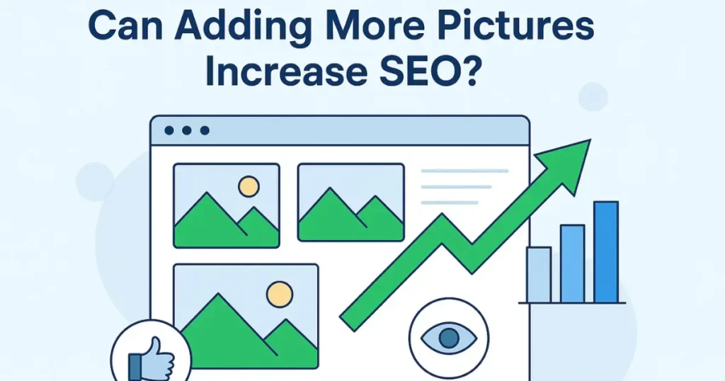Illustration showing how adding more pictures can increase SEO with website images, growth arrows, and ranking charts.