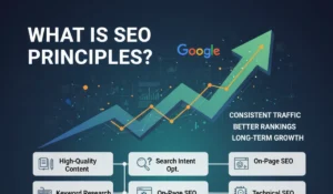 Diagram illustrating "What is SEO Principles?" showing a foundation of core elements leading to consistent traffic and long-term growth.