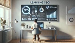 A clean, modern workspace with a person learning SEO at a minimalist desk, viewing simple growth charts and analytics on a laptop screen, representing the concept of “How Long Does It Take to Learn Search Engine Optimization?”