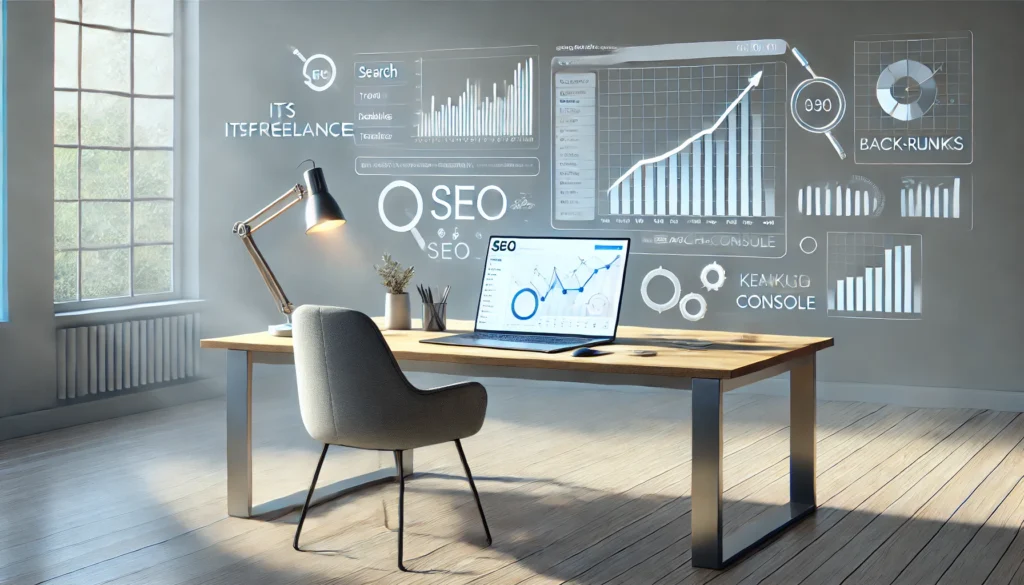 Modern minimalist workspace with a laptop showing SEO analytics charts and upward trends, representing how to know if your SEO is working.