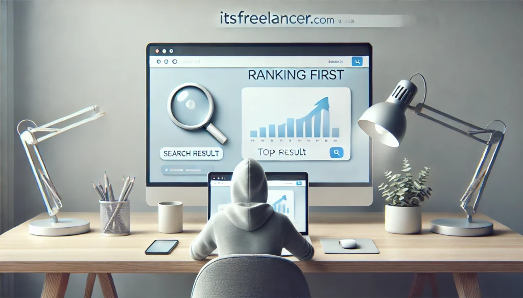 A minimalist workspace with a person using a laptop displaying a highlighted top search result, visually representing how to be the first on Google Search.