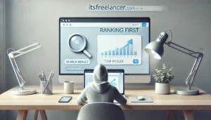 A minimalist workspace with a person using a laptop displaying a highlighted top search result, visually representing how to be the first on Google Search.