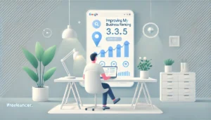 A person working at a minimalist desk on a laptop displaying a Google Business Profile dashboard with growth arrows and a location pin, representing how to improve Google My Business ranking.