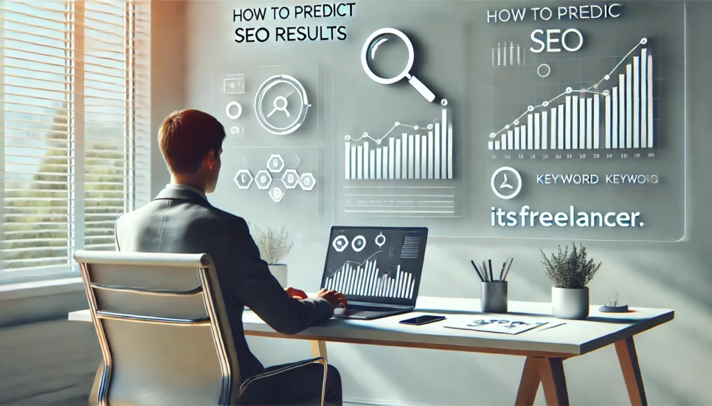 A minimalist, modern workspace with a person sitting at a clean desk using a laptop displaying upward-trending SEO analytics charts, forecasting icons, and keyword indicators. Soft lighting, neutral tones, and a subtle watermark reading itsfreelancer.com.